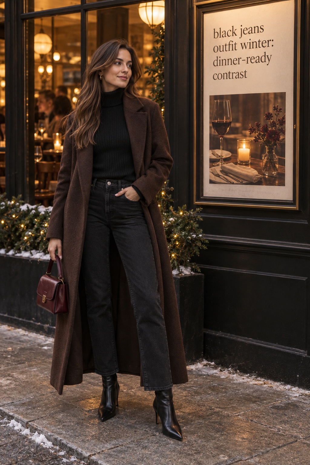 Black Jeans Dinner Contrast black jeans outfit winter with black knit brown coat and pointed boots