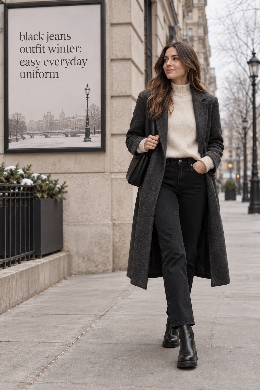 Black Jeans Everyday Uniform black jeans outfit winter with cream sweater and charcoal coat