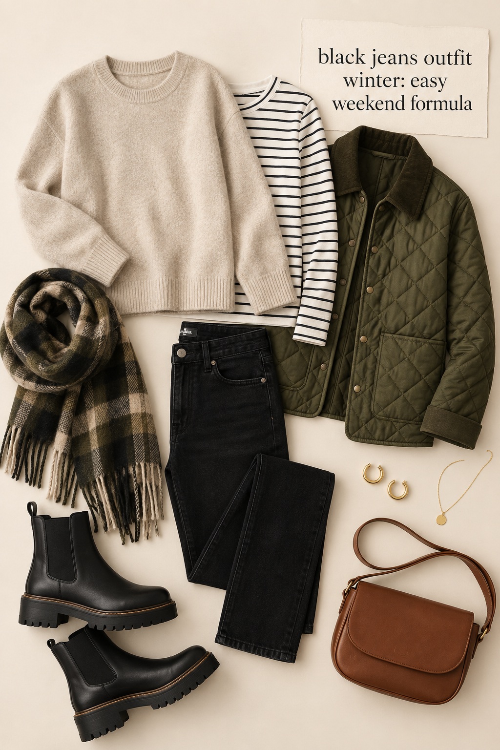 Black Jeans Weekend Formula black jeans outfit winter flat lay with sweater jacket boots and scarf