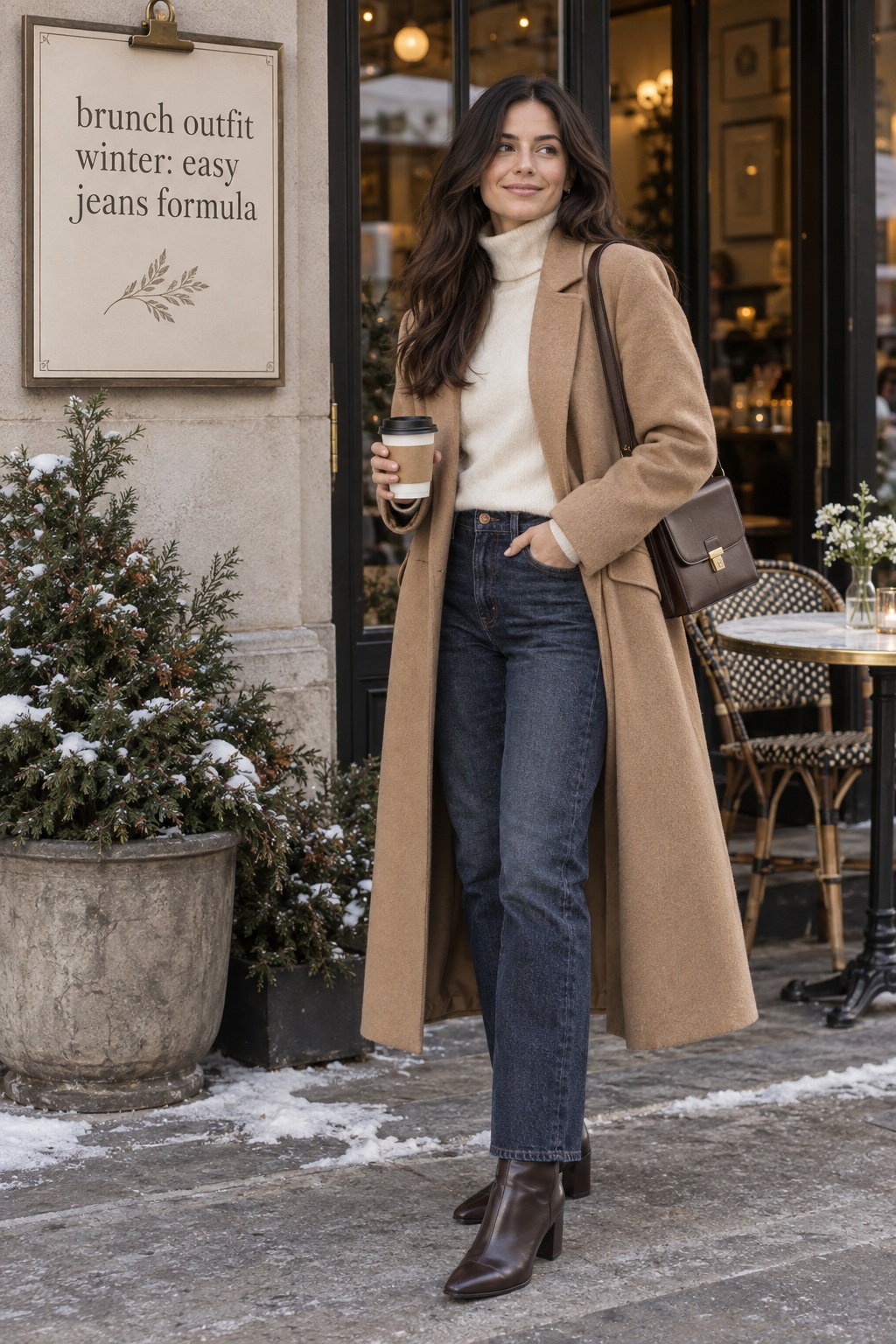 brunch outfit winter with jeans and camel coat