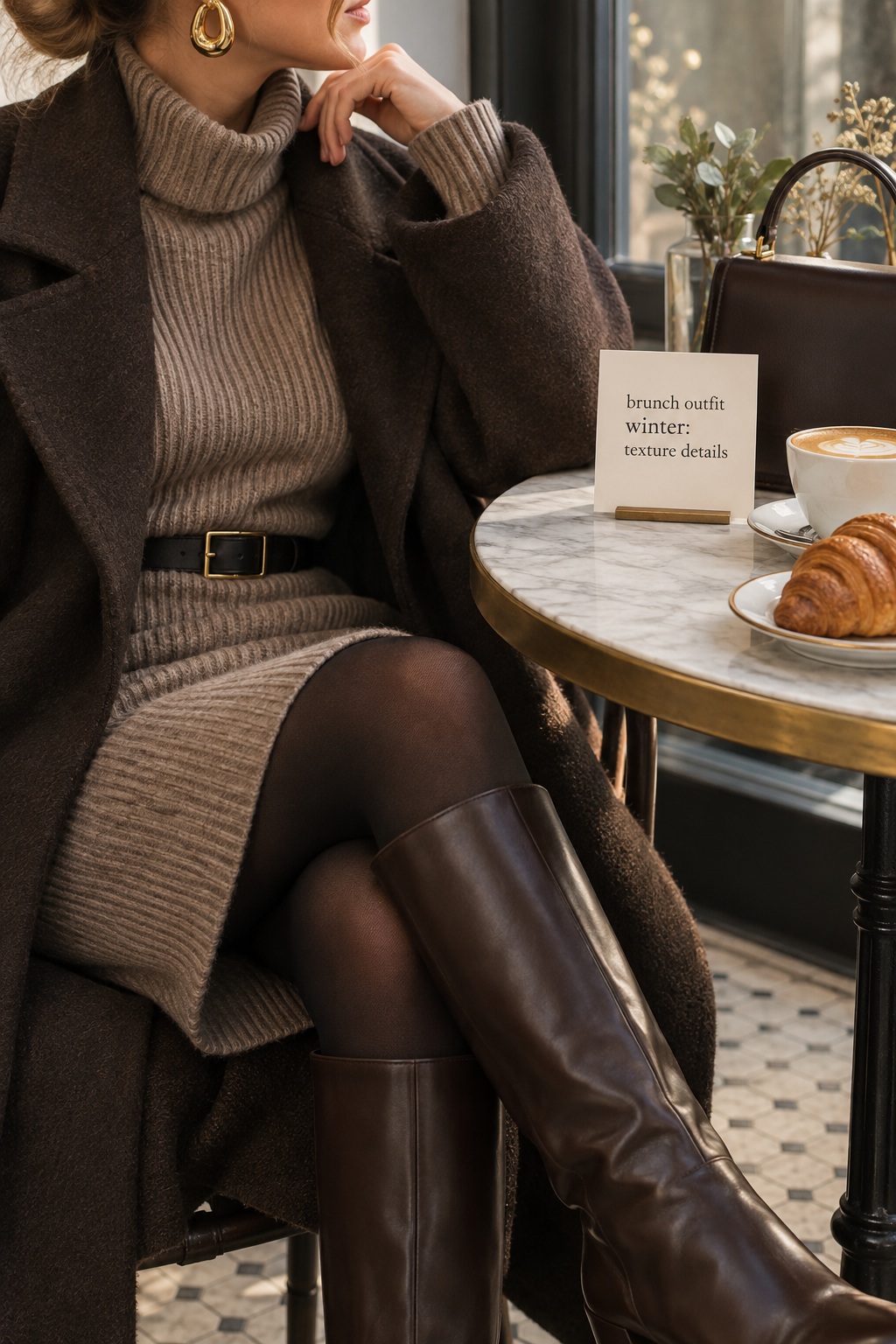 brunch outfit winter texture and boot details