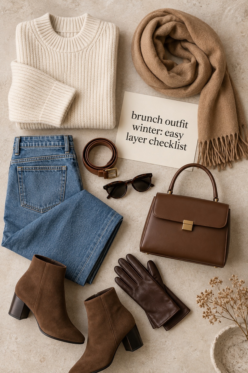 brunch outfit winter flat lay with knit jeans scarf and boots