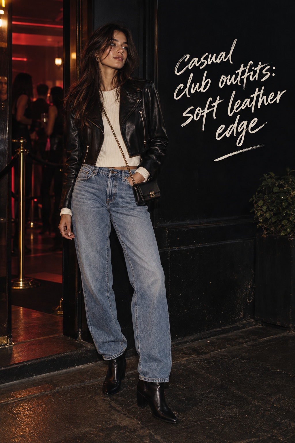 Casual Club Outfits Soft Leather Casual club outfits with a leather jacket and relaxed jeans