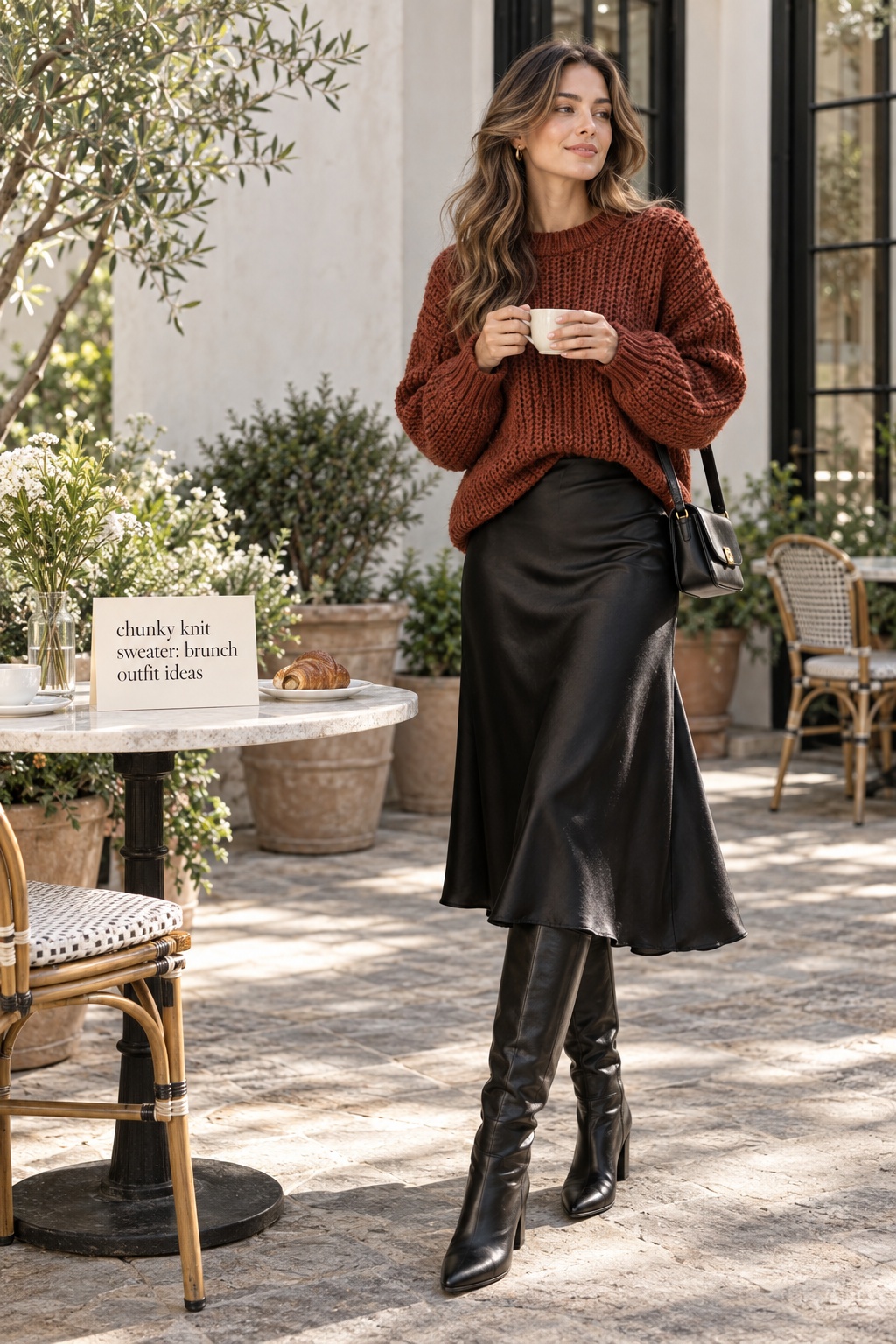 Chunky knit sweater with satin midi skirt and boots