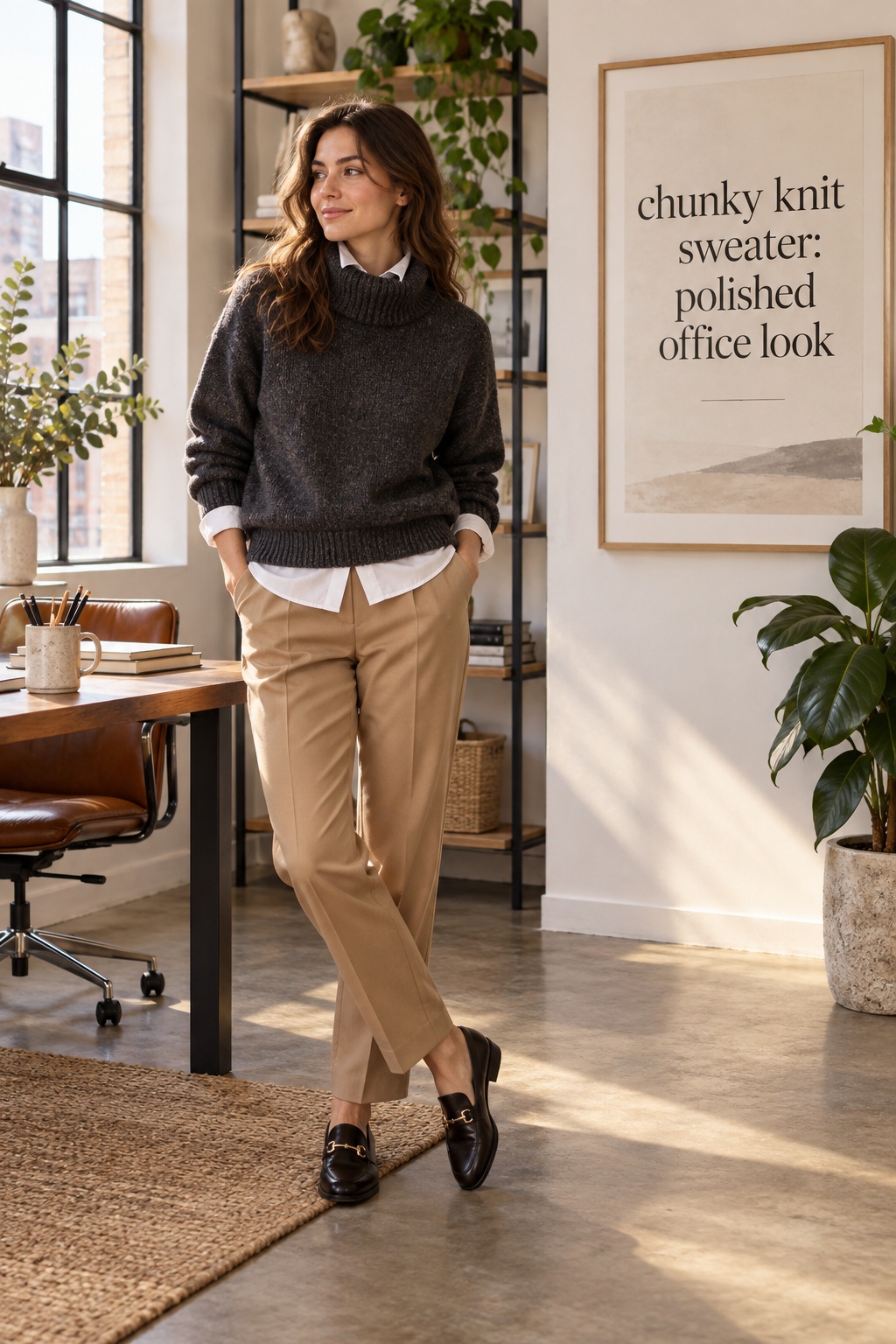 Chunky knit sweater with tailored trousers for office style