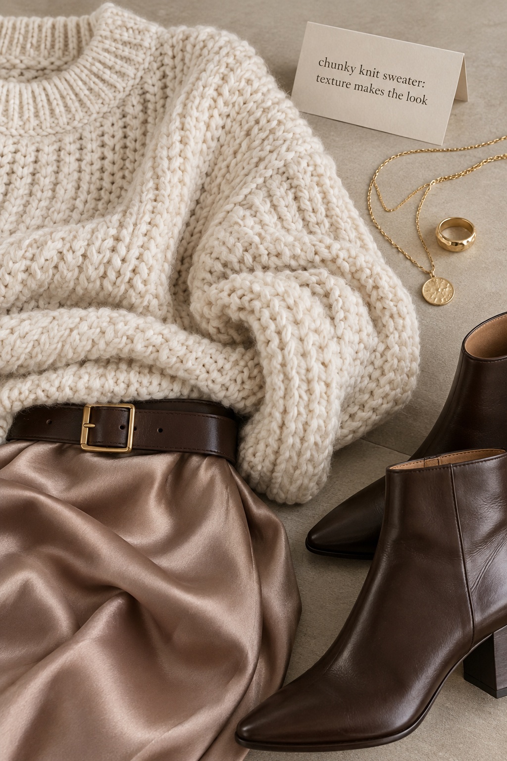 Chunky knit sweater texture with belt skirt and boots details
