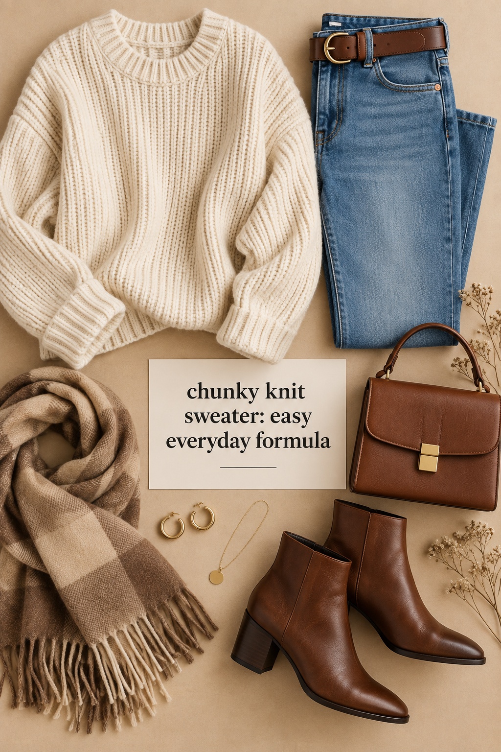 Chunky knit sweater flat lay with jeans belt boots and bag