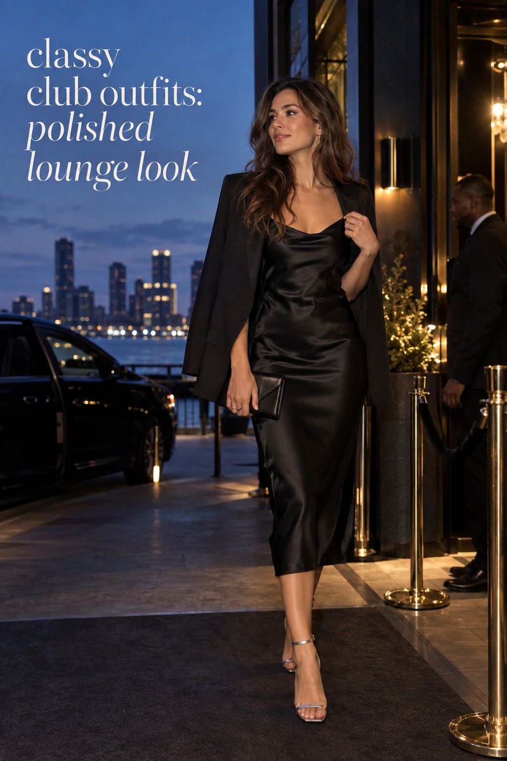 Classy club outfits polished lounge look classy club outfits black satin midi dress and blazer at a polished lounge
