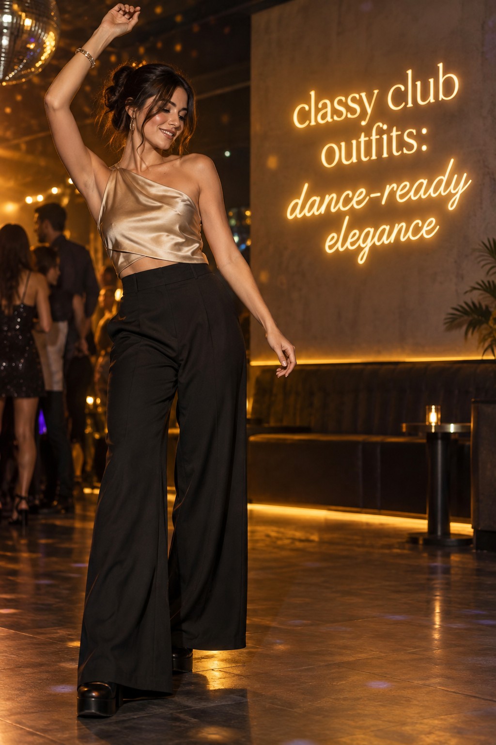 Classy club outfits dance-ready elegance classy club outfits champagne satin top and black trousers on a dance floor