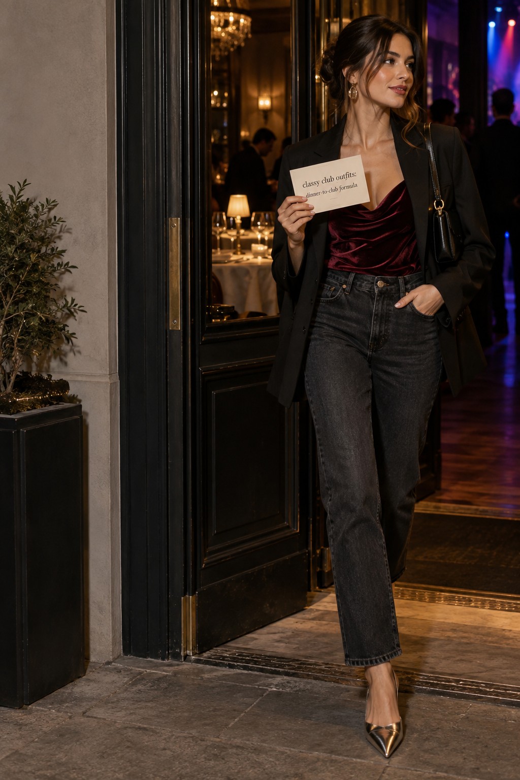 Classy club outfits dinner-to-club formula classy club outfits dark denim velvet top and blazer at a club entrance