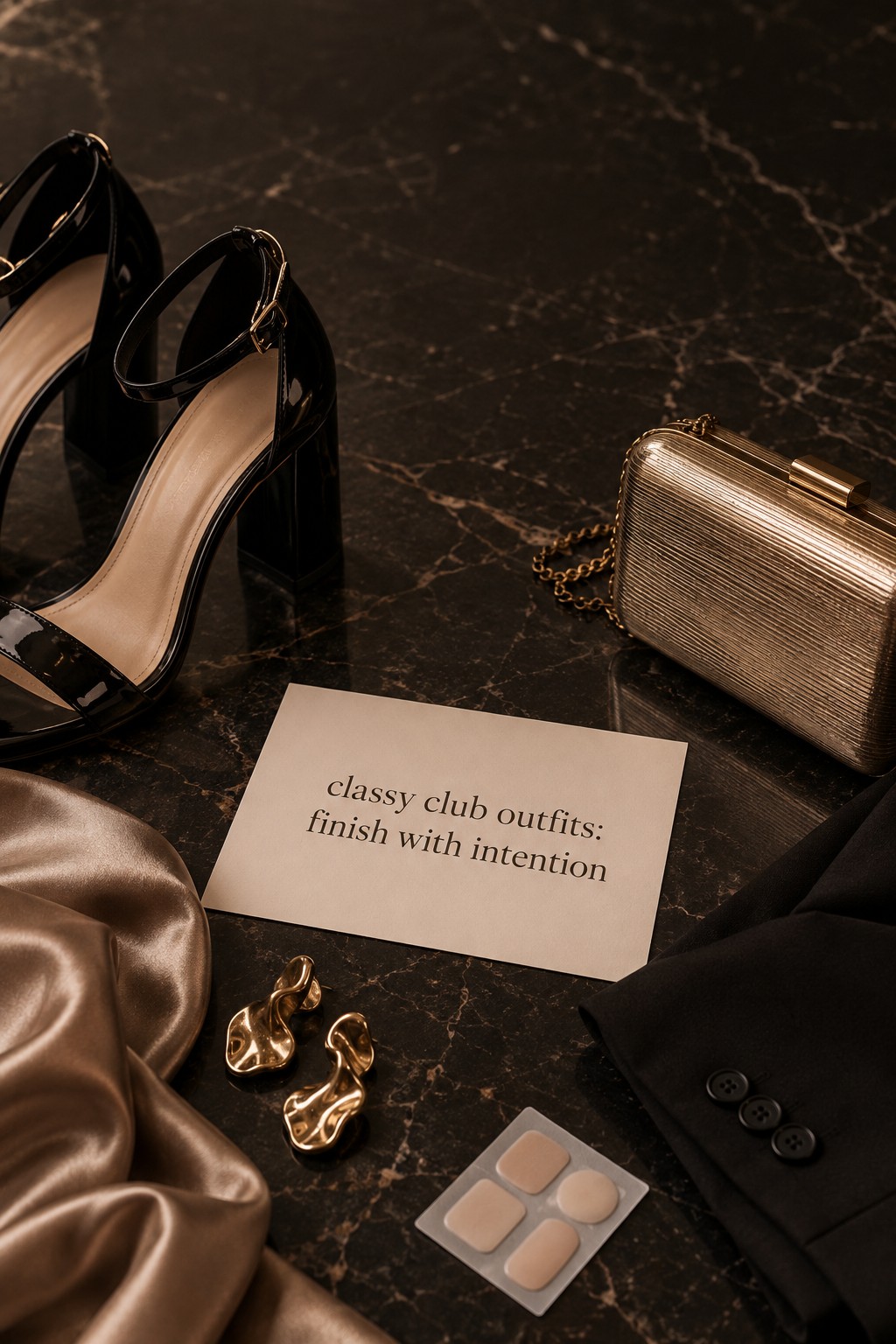 Classy club outfits finish with intention classy club outfits heels metallic bag jewelry and satin styling details