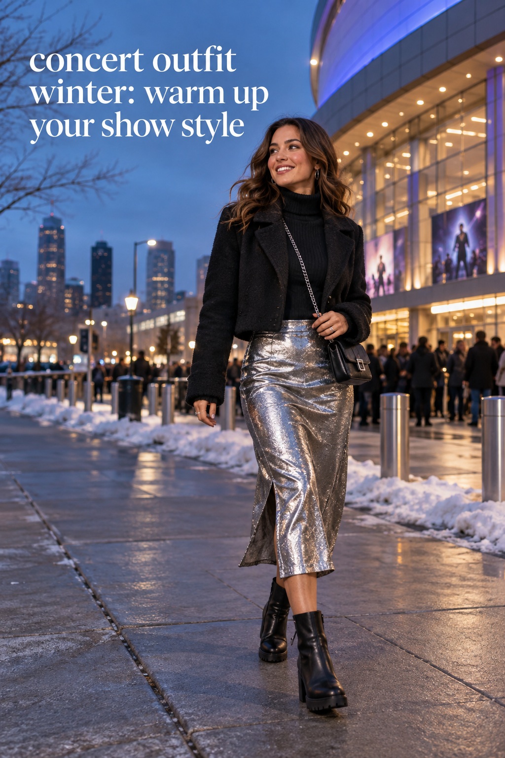 concert outfit winter with a metallic skirt and warm black layers