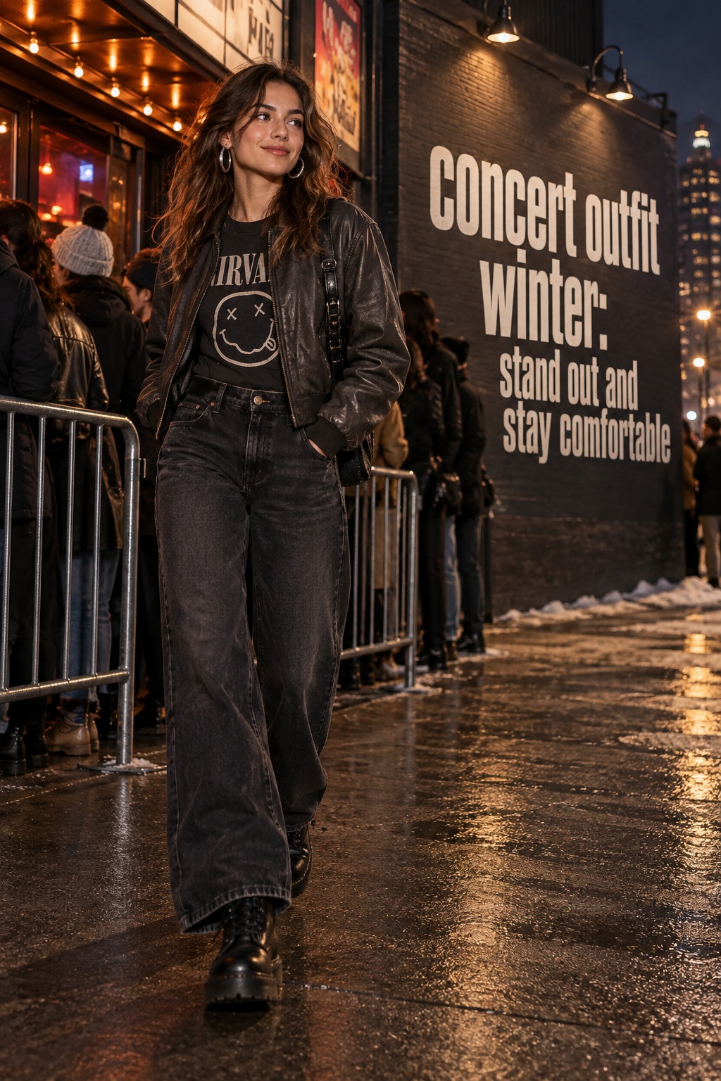 concert outfit winter with a graphic tee leather bomber and jeans