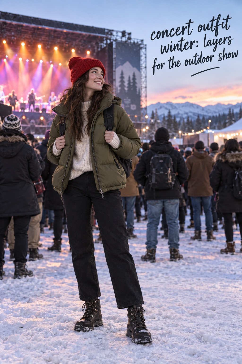 concert outfit winter with an olive puffer red beanie and boots