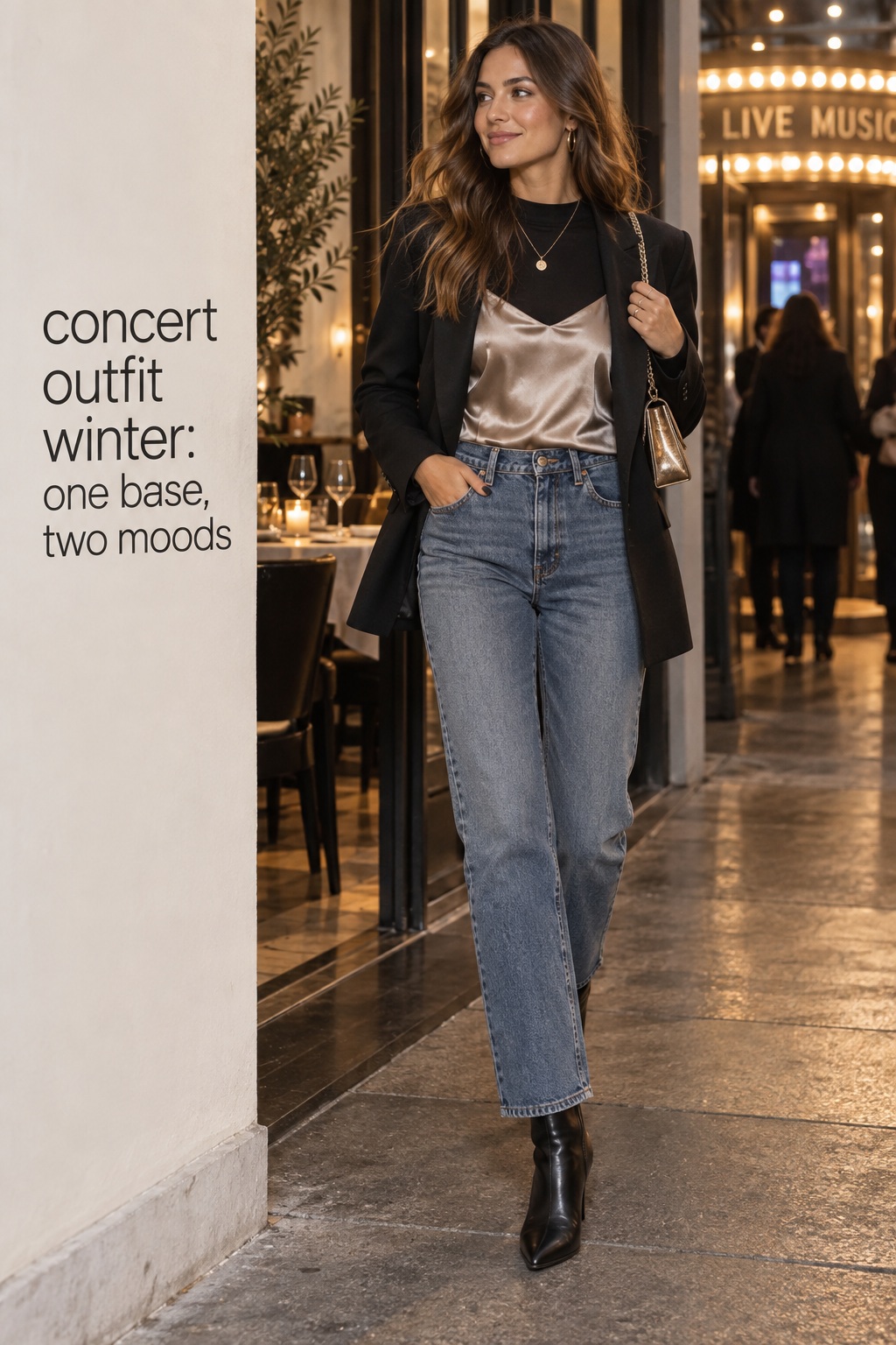 concert outfit winter with a satin top blazer jeans and metallic bag