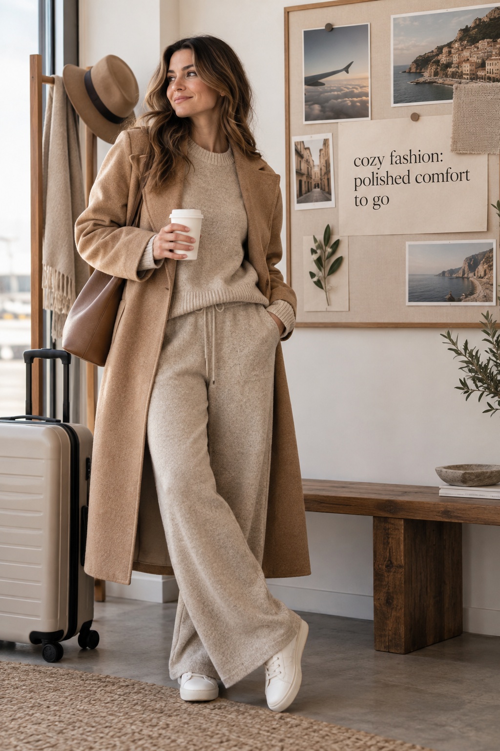 Cozy Fashion Travel Set cozy fashion matching knit set with a camel coat for polished travel