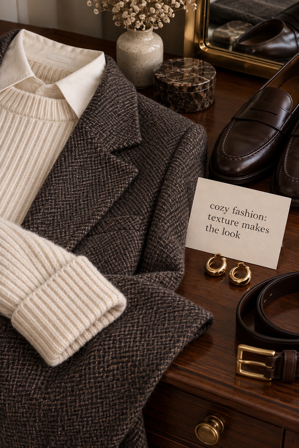 Cozy Fashion Texture Details cozy fashion close-up of a ribbed knit, wool blazer, belt, loafers, and earrings