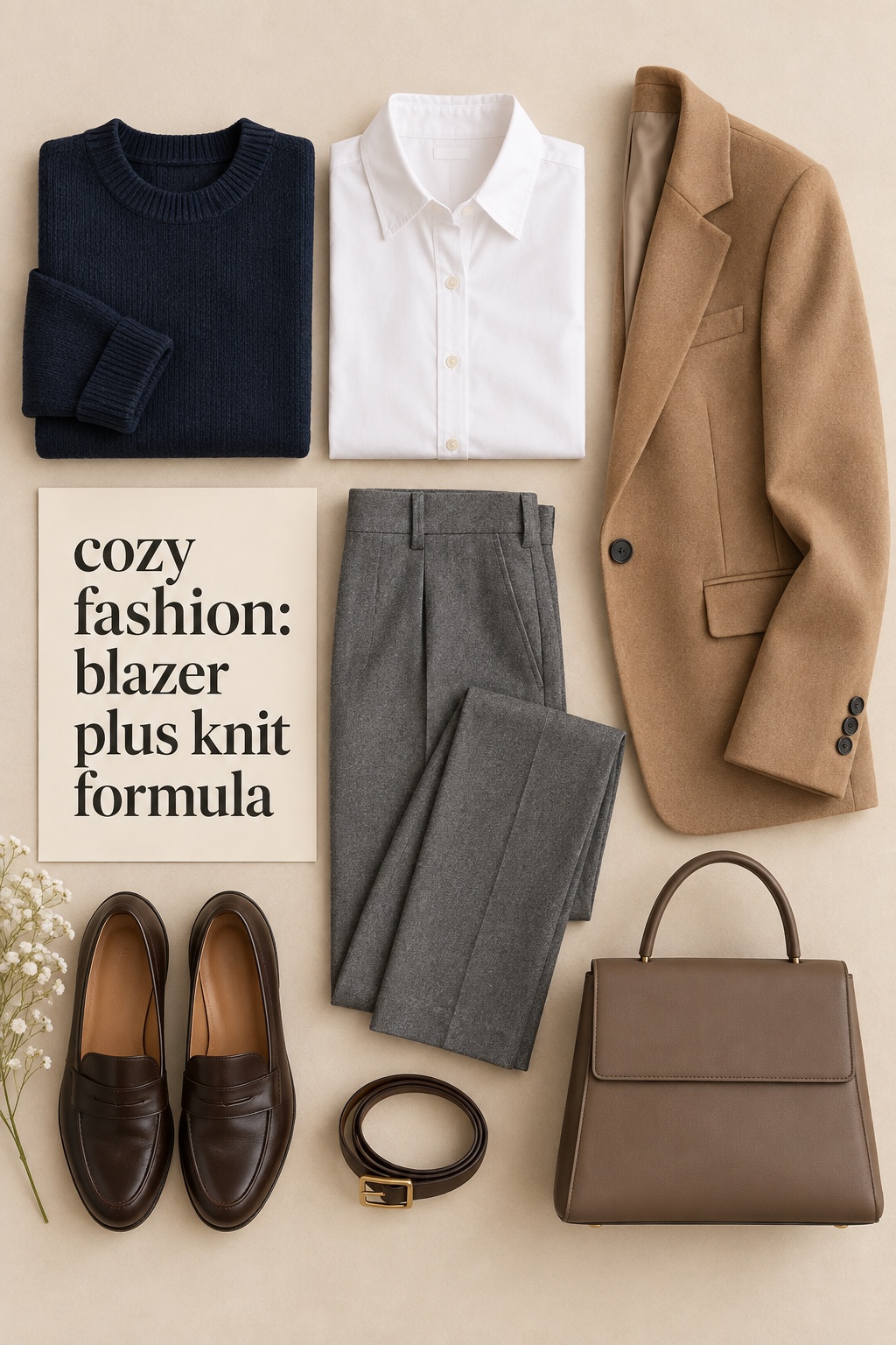 Cozy Fashion Blazer Knit Formula cozy fashion Pinterest flat lay with navy knit, white shirt, blazer, trousers, and loafers