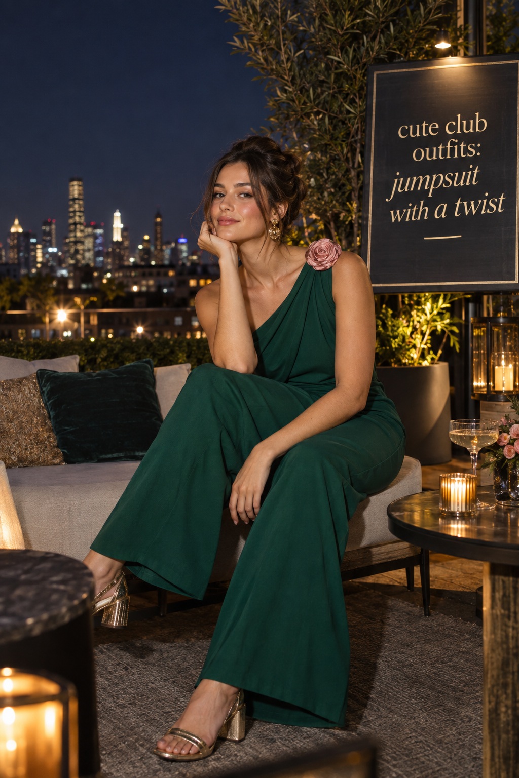 Cute Club Outfits Jumpsuit Twist cute club outfits emerald jumpsuit with pink rosette and metallic heels