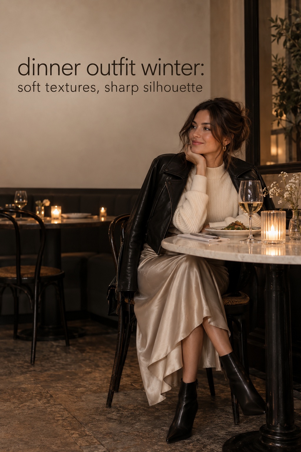 Dinner Outfit Winter Dark Denim dinner outfit winter with dark jeans, a satin blouse, and velvet blazer