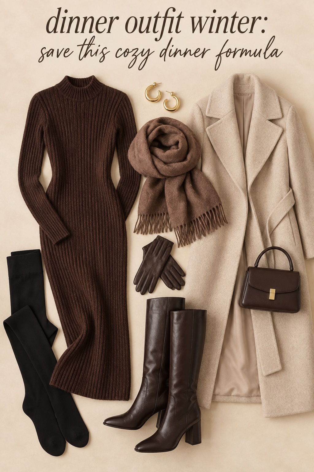 Dinner Outfit Winter Flat Lay dinner outfit winter flat lay with a knit dress, coat, tights, boots, and bag