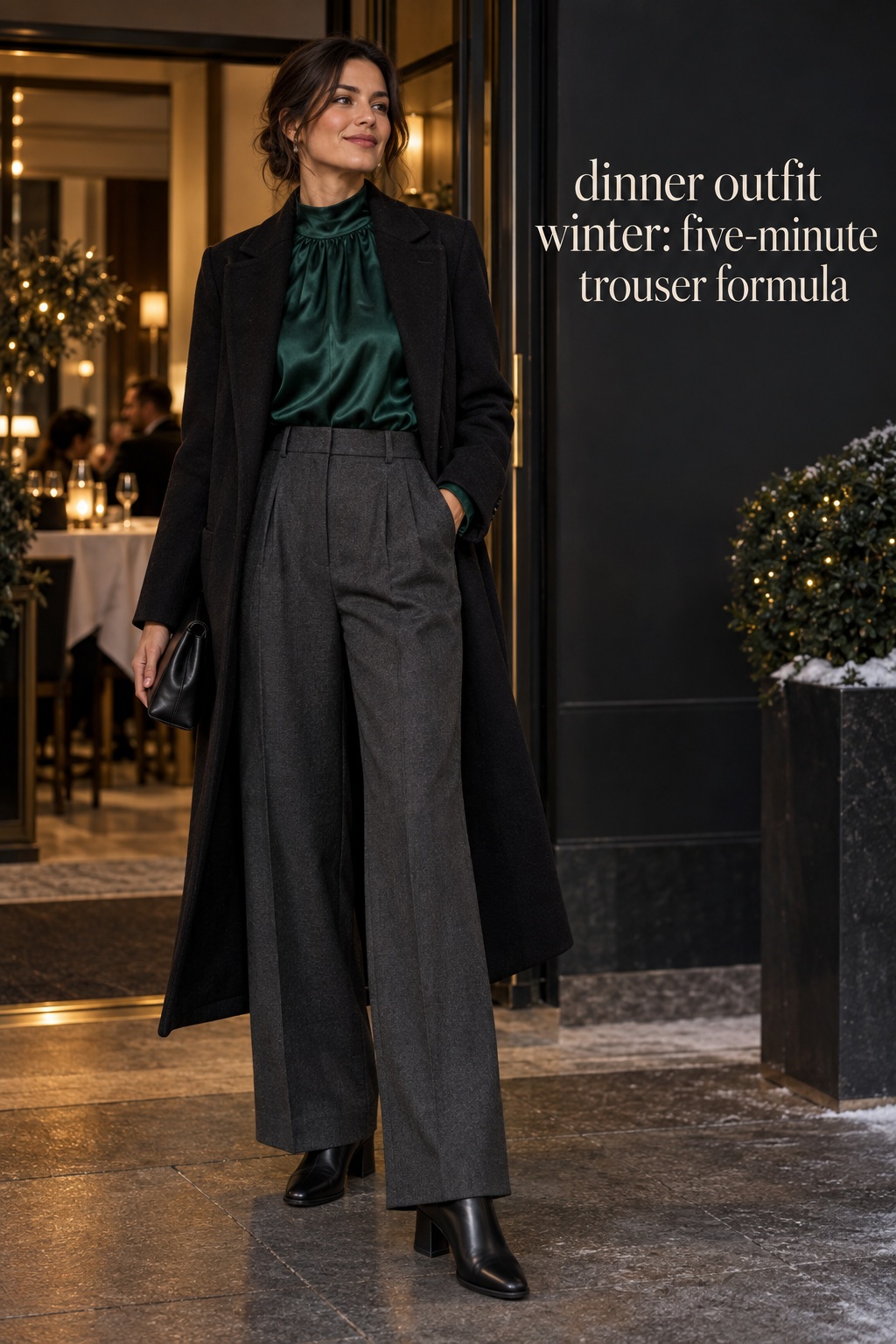 Dinner Outfit Winter Trouser Formula dinner outfit winter with tailored wide-leg trousers and a jewel-tone blouse