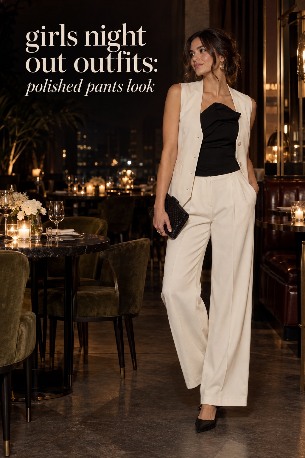 Girls Night Out Outfits Polished Pants Look girls night out outfits with ivory tailored pants, vest, black top, and clutch