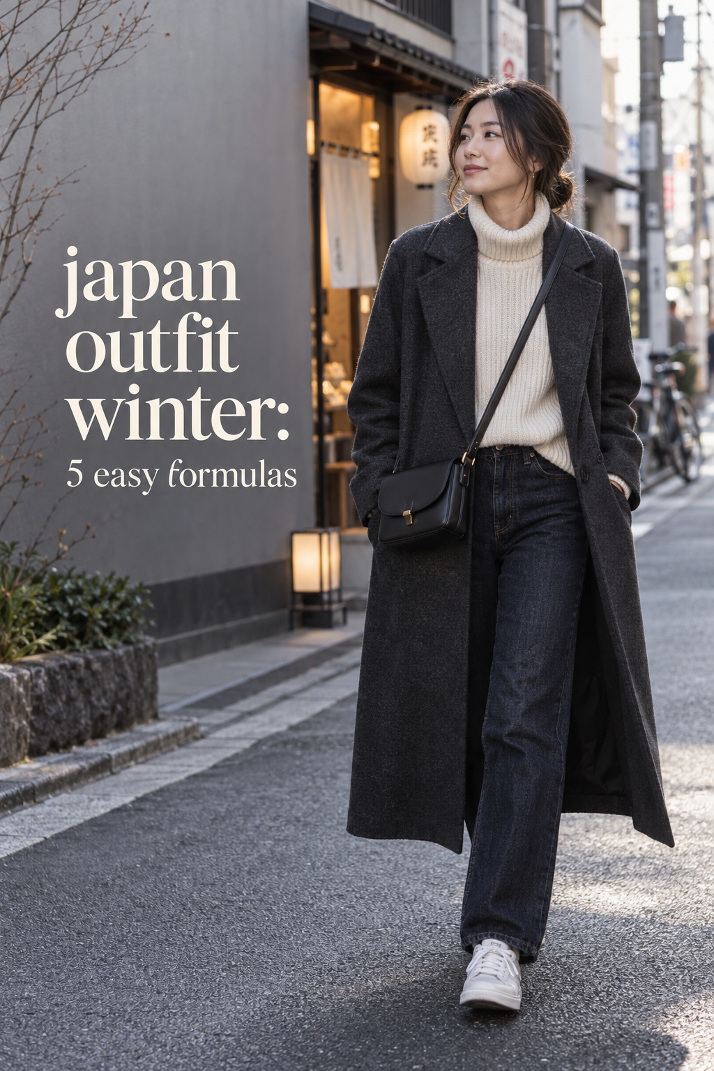 japan outfit winter city formula with charcoal coat, cream knit, dark denim, and sneakers