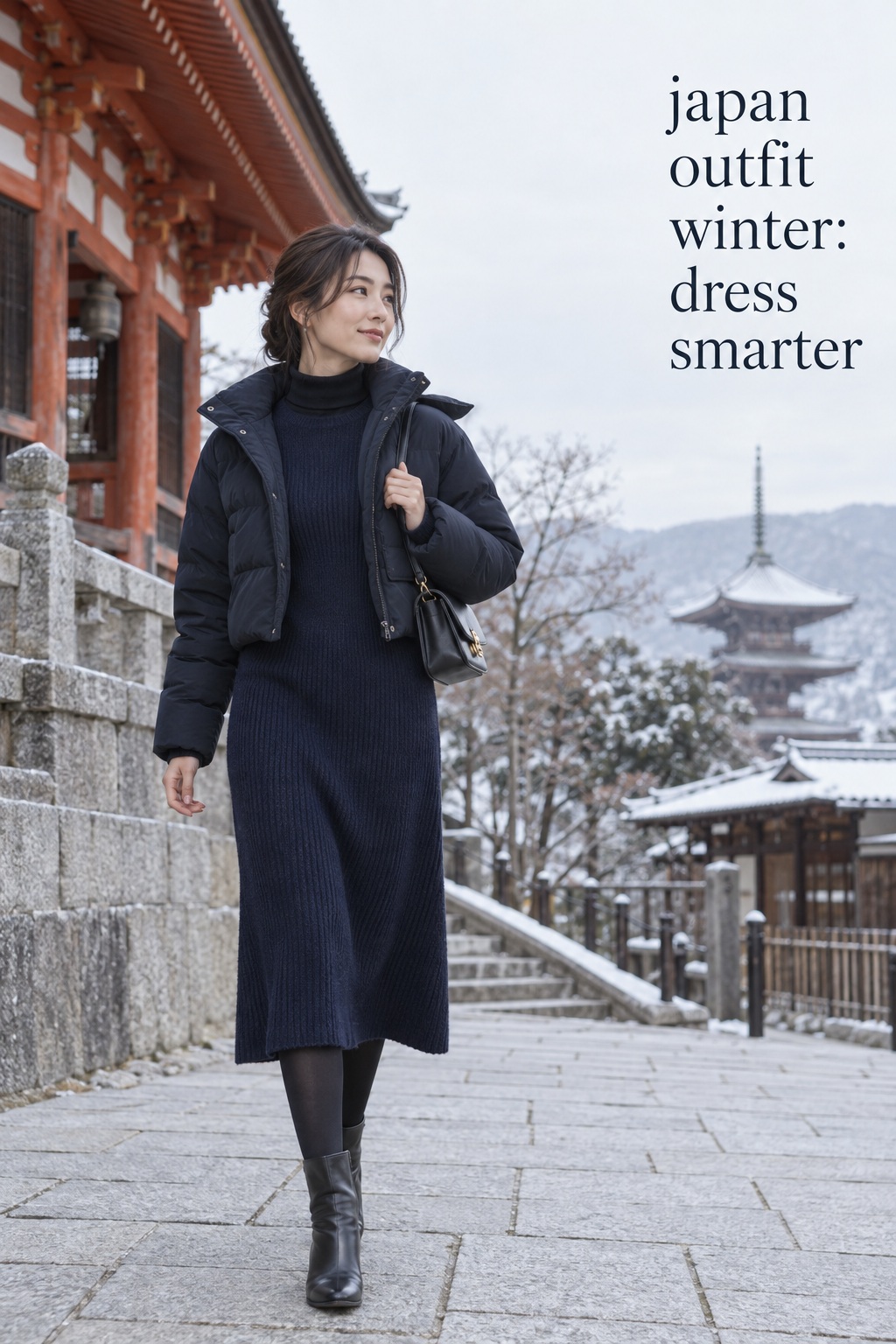 japan outfit winter dress formula with navy knit dress, tights, boots, and insulated jacket