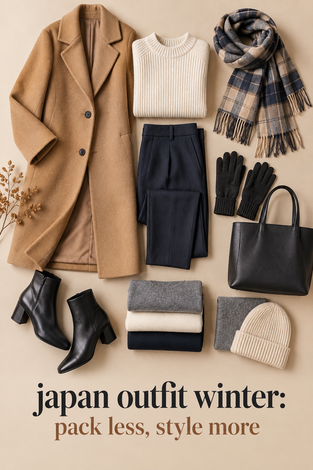 japan outfit winter packing flat lay with camel coat, knit, trousers, scarf, gloves, and boots