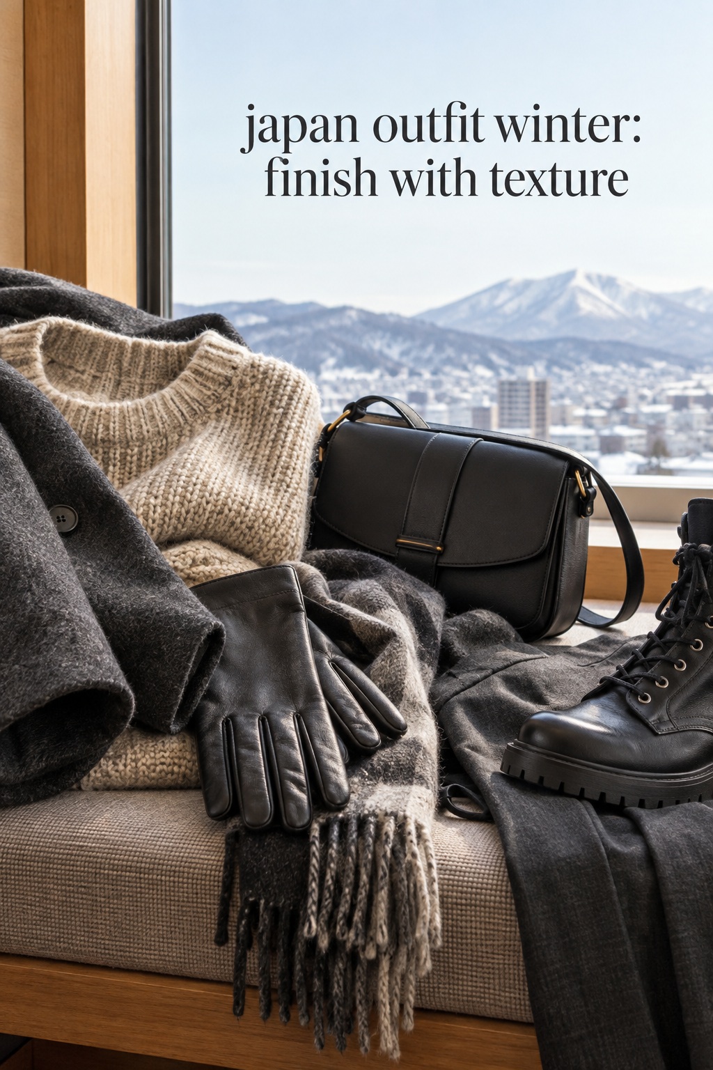 japan outfit winter texture details with merino knit, wool coat, scarf, gloves, bag, and boot