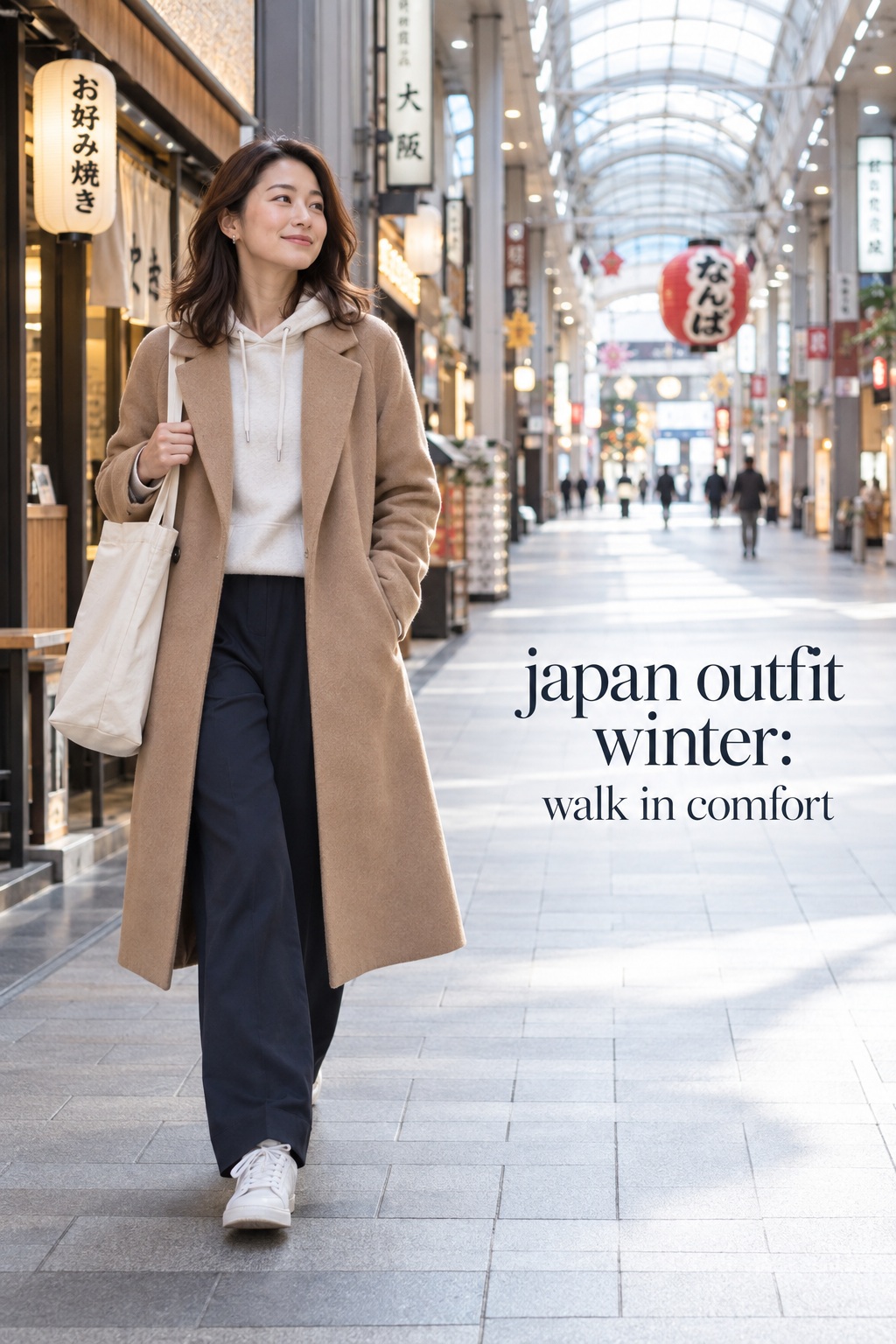 japan outfit winter walk comfort look with camel coat, hoodie, wide trousers, tote, and sneakers