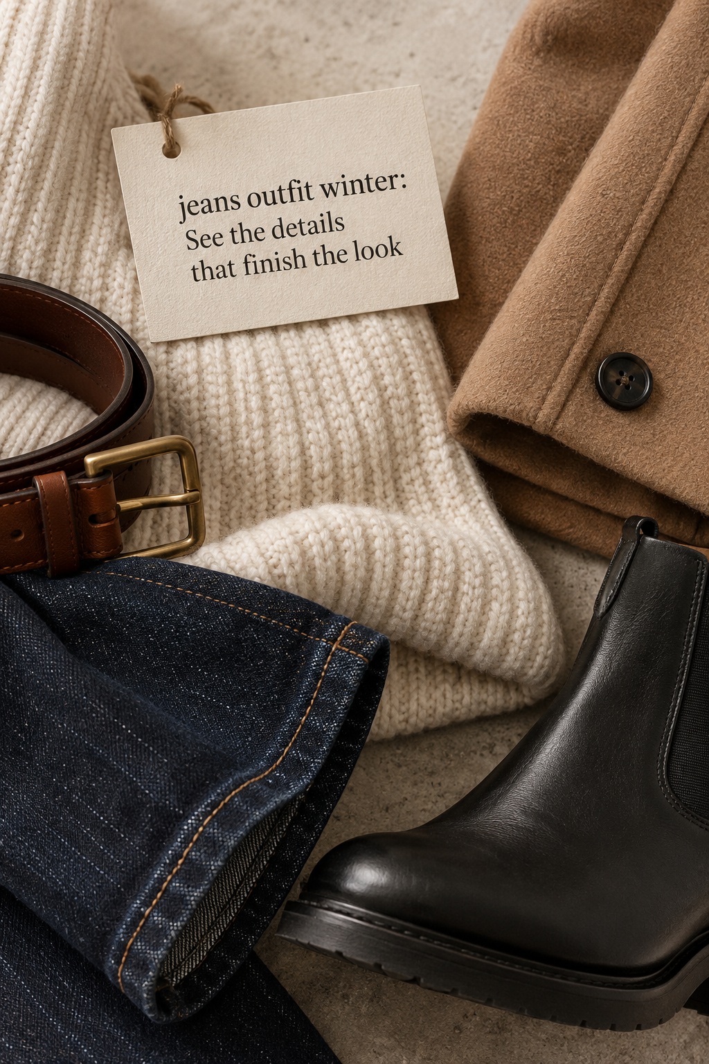 jeans outfit winter close-up with denim hem knit belt camel coat and boot