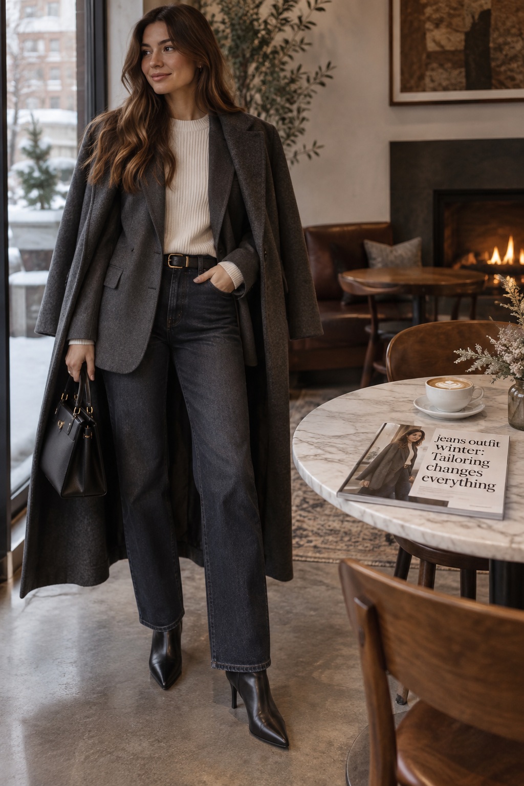 jeans outfit winter with dark jeans ivory knit charcoal blazer long coat and boots
