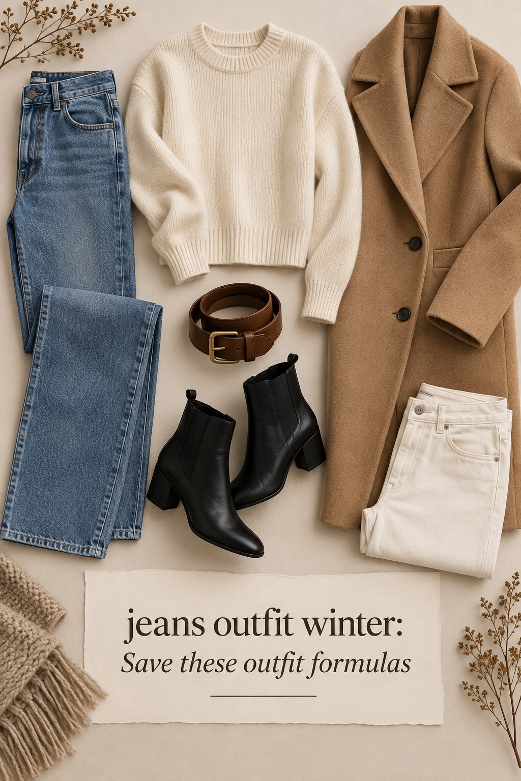 jeans outfit winter Pinterest flat lay with blue jeans cream sweater coat boots and white denim