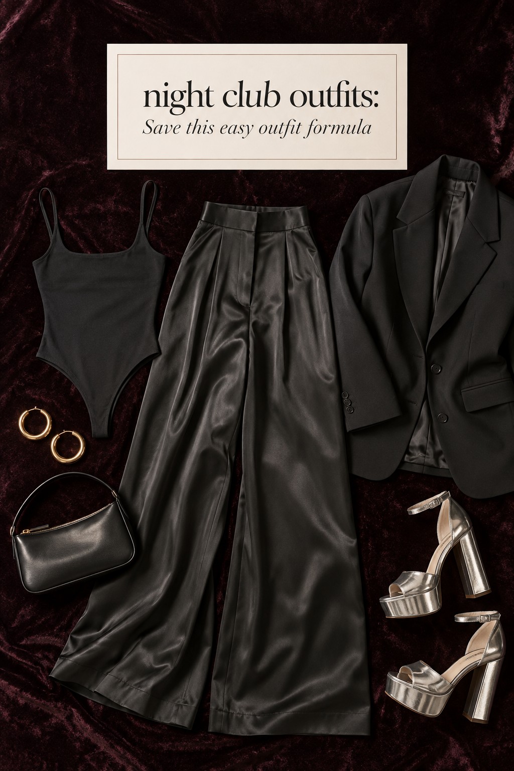 night club outfits flat lay with bodysuit satin pants blazer and platforms