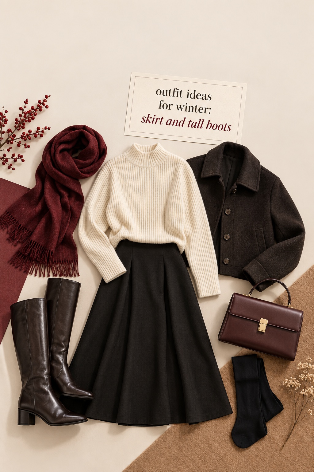 Winter Skirt and Tall Boots outfit ideas for winter skirt and tall boots flat lay