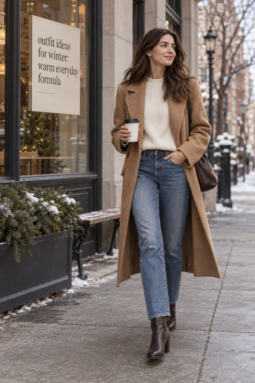 Warm Everyday Winter Formula outfit ideas for winter warm everyday camel coat and jeans