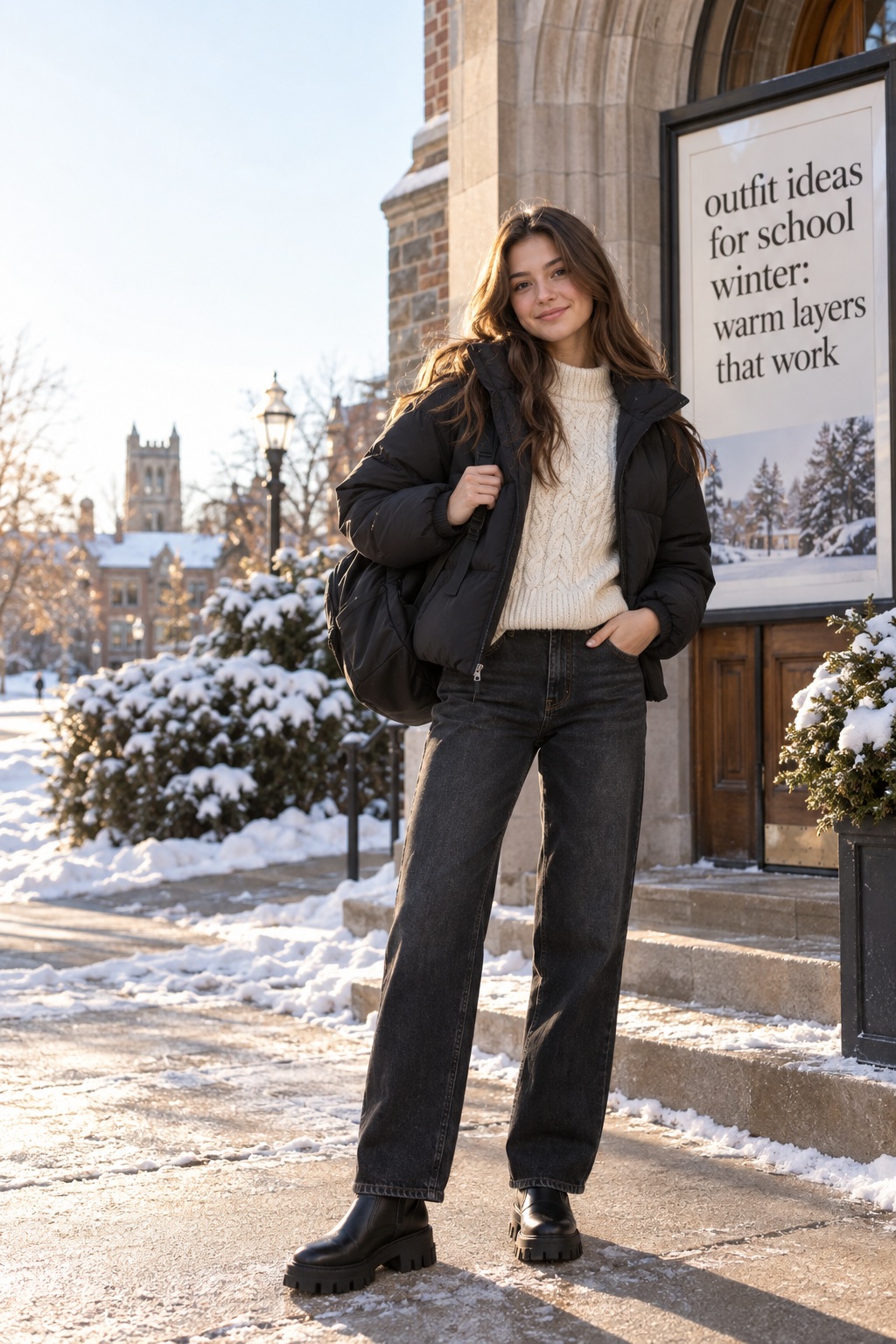 Outfit ideas for school winter with a cream sweater and warm layers