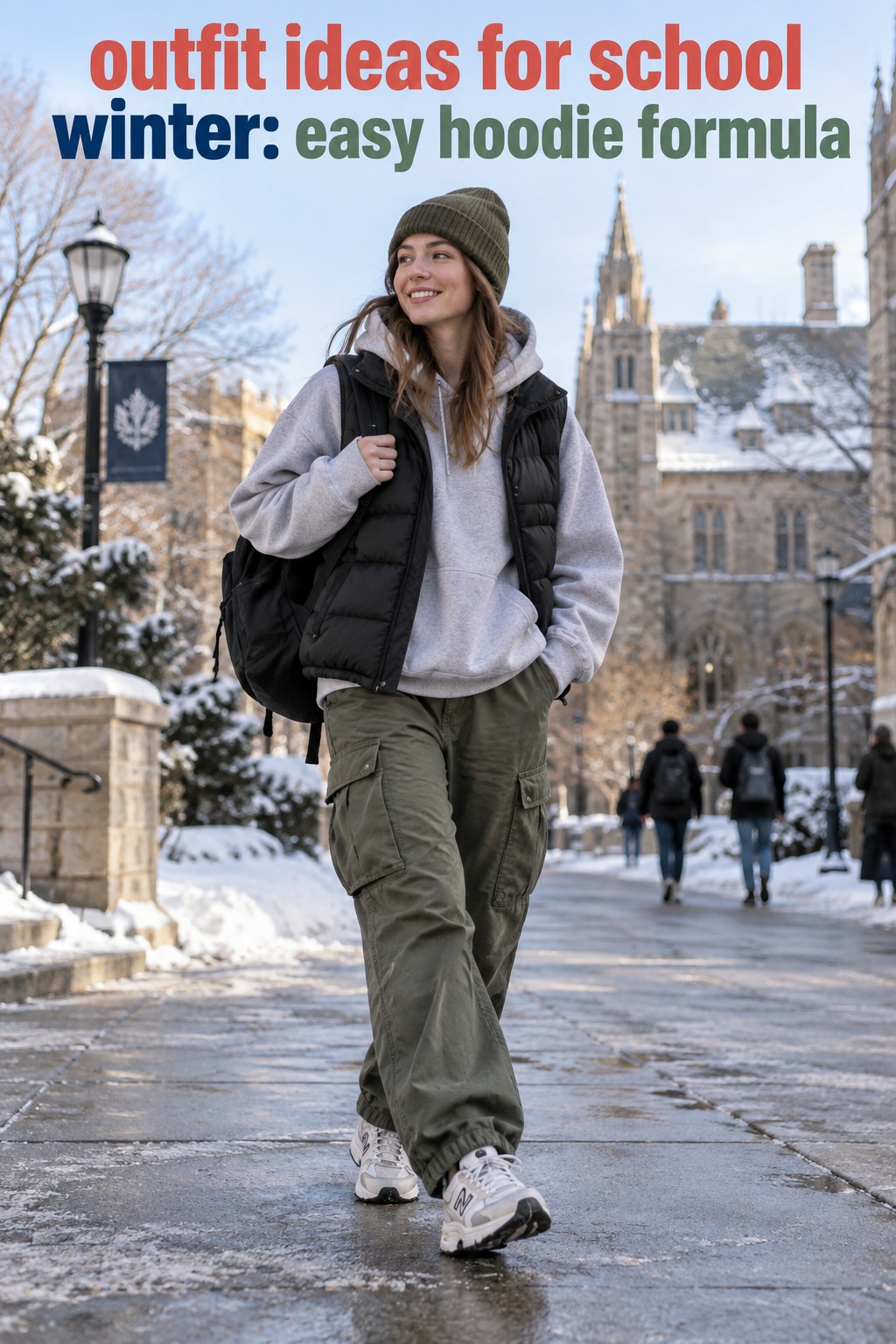 Outfit ideas for school winter with a hoodie and puffer vest