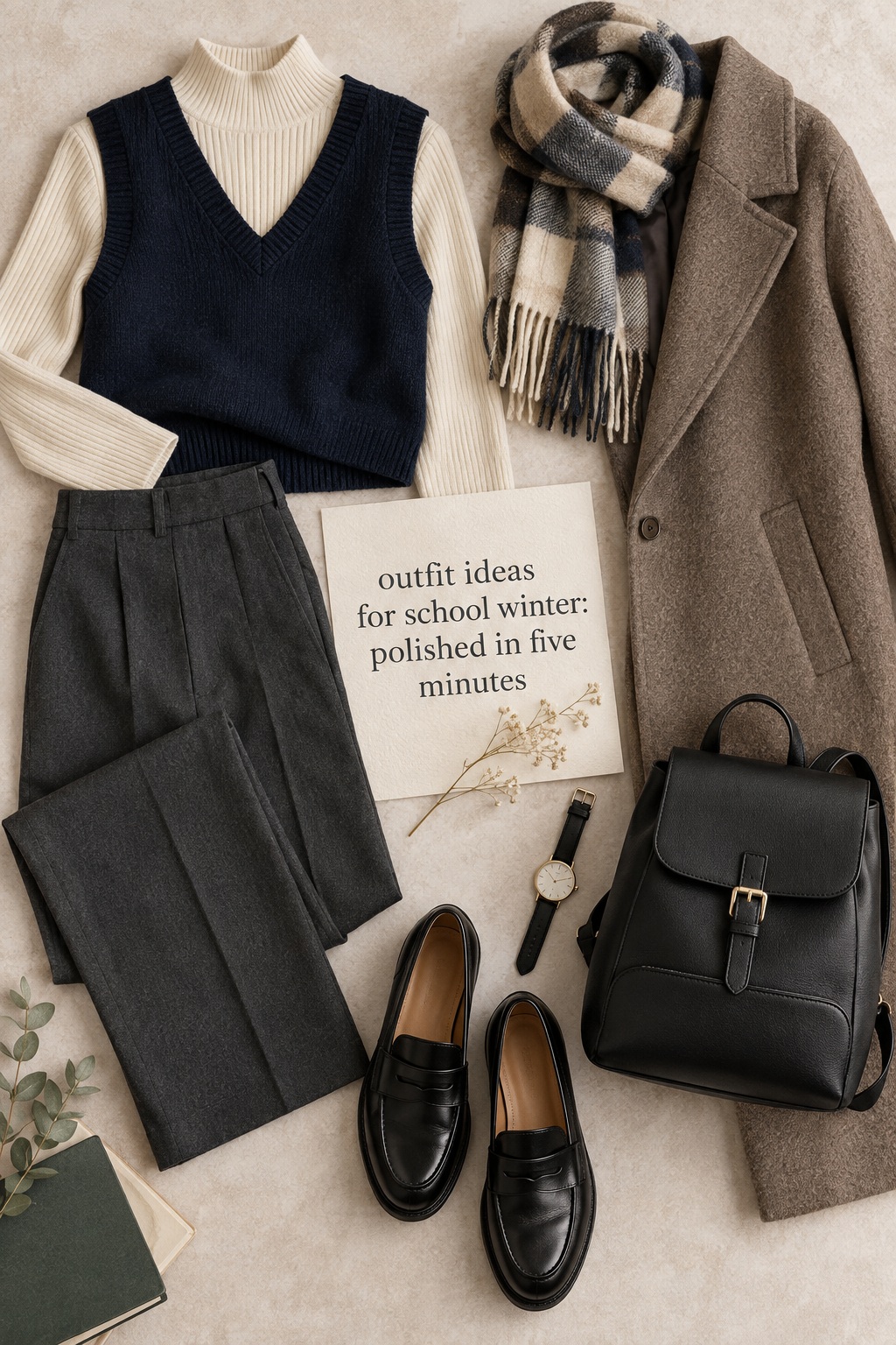 Outfit ideas for school winter with a sweater vest and trousers
