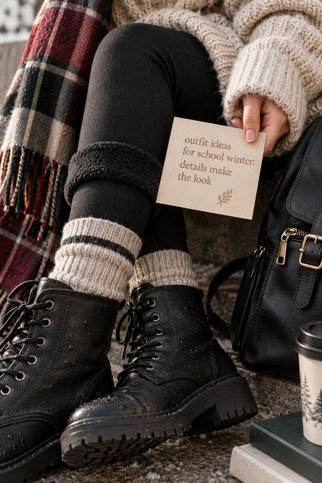 Outfit ideas for school winter showing warm boots and outfit details