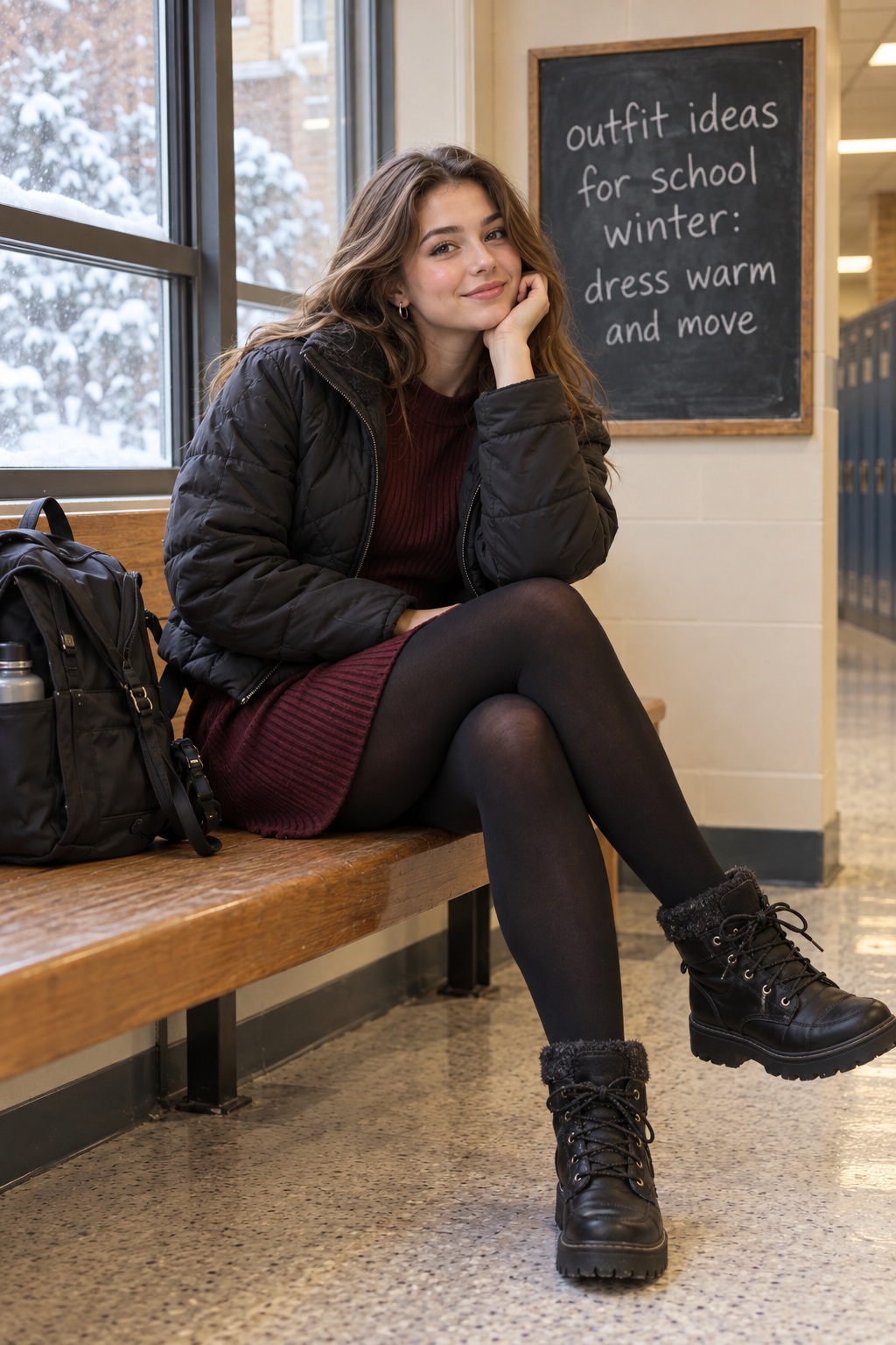 Outfit ideas for school winter with a knit dress and warm boots