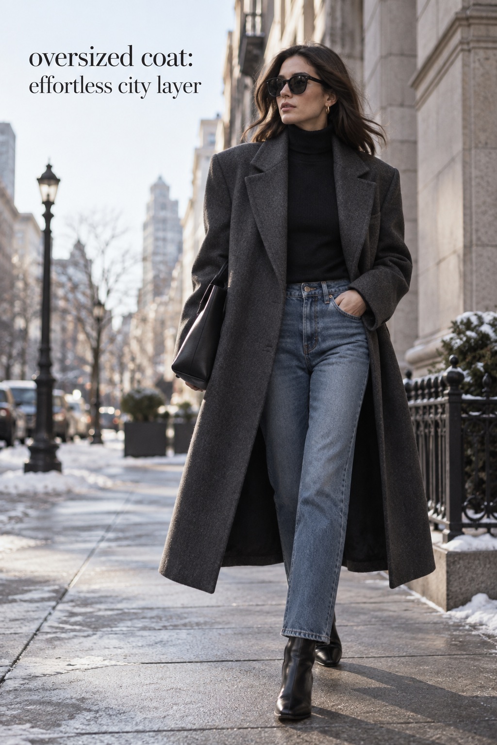 Oversized coat with black turtleneck, straight jeans, and ankle boots on a city walk