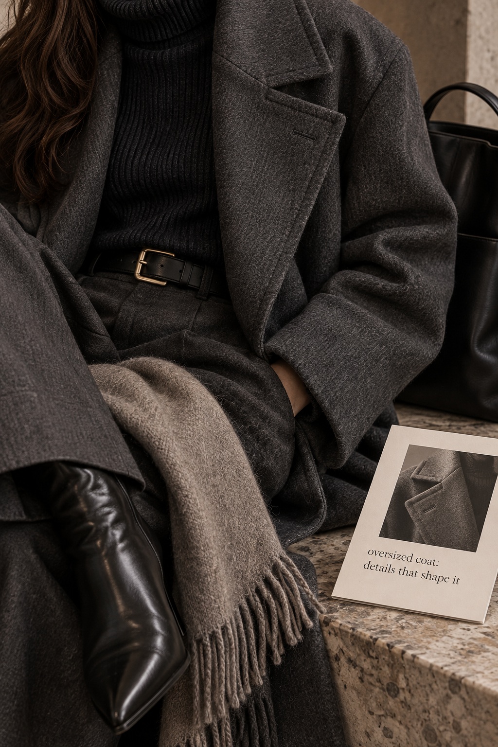 Close-up oversized coat details with wool lapel, ribbed knit, belt, scarf, and pointed boot