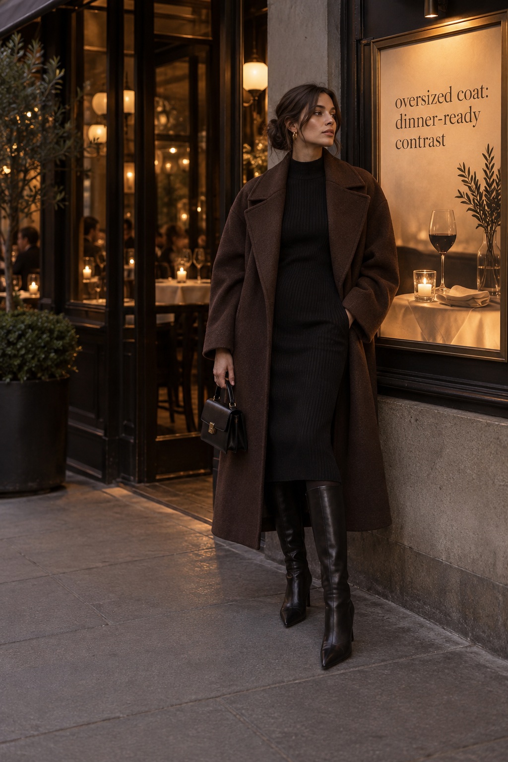 Brown oversized coat with fitted knit dress, tights, and pointed knee-high boots