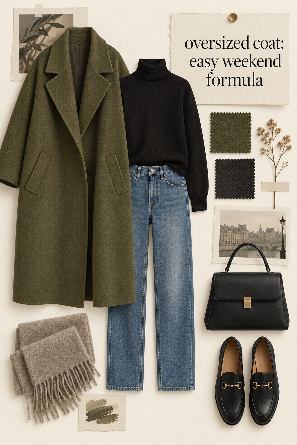 Olive oversized coat flat lay with black knit, straight jeans, loafers, scarf, and bag