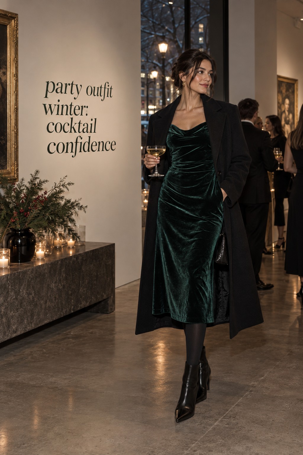 party outfit winter with an emerald velvet dress and tailored wool coat