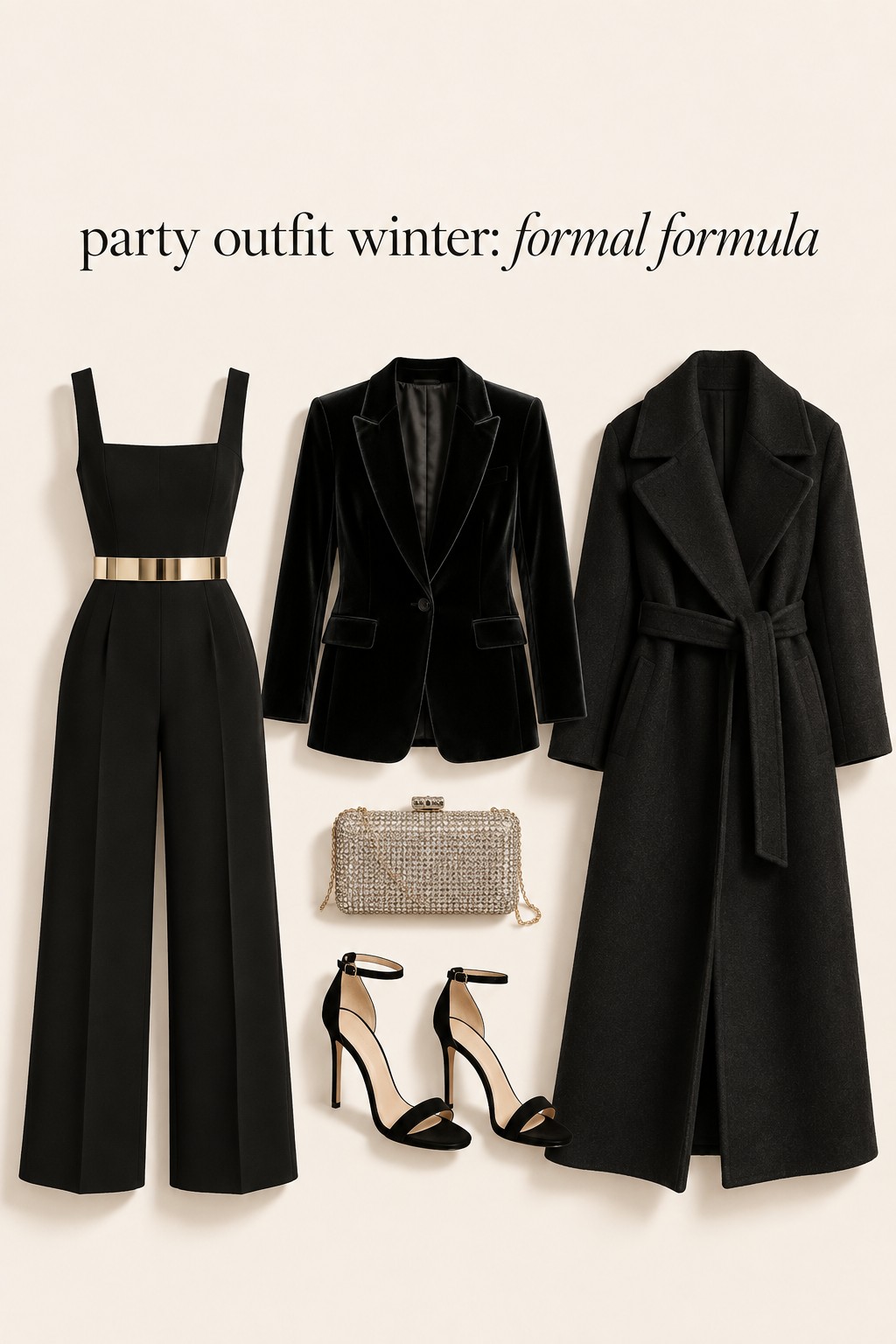 party outfit winter formal formula with black jumpsuit velvet blazer and crystal bag