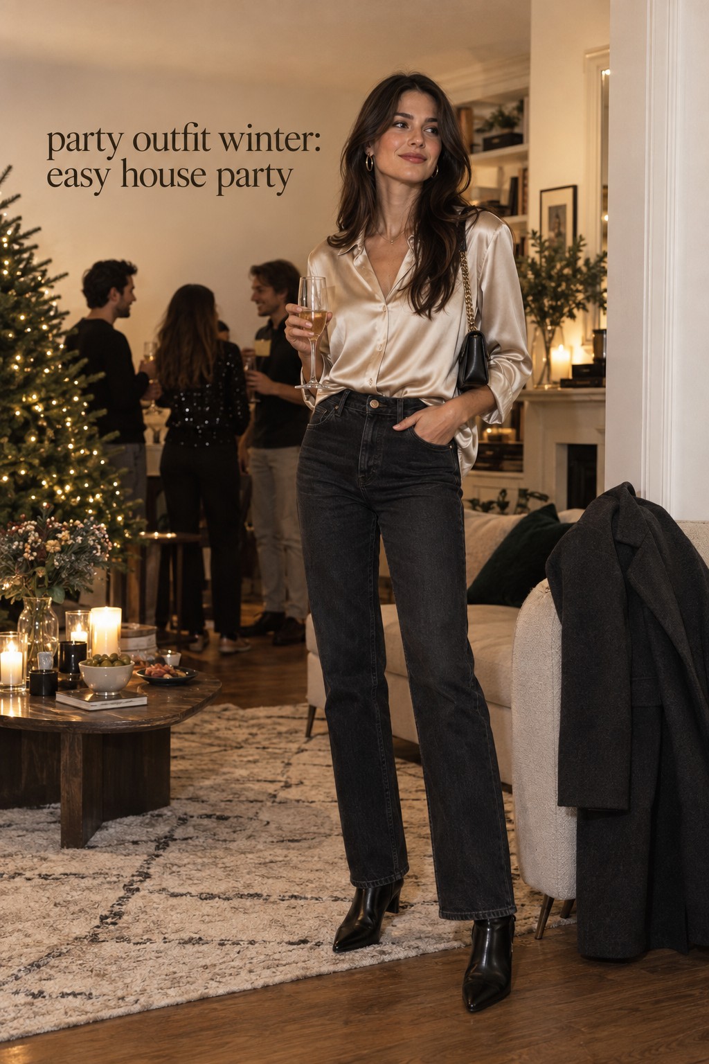 party outfit winter with dark denim and a champagne satin blouse